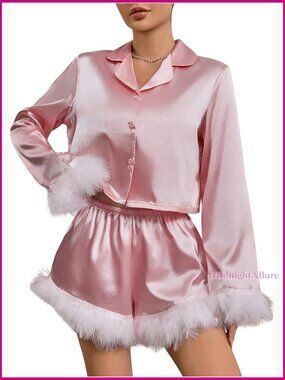 Satin Fur Pajama Set Button Up Shirt Shorts Size Small Bridal Lounge Wear